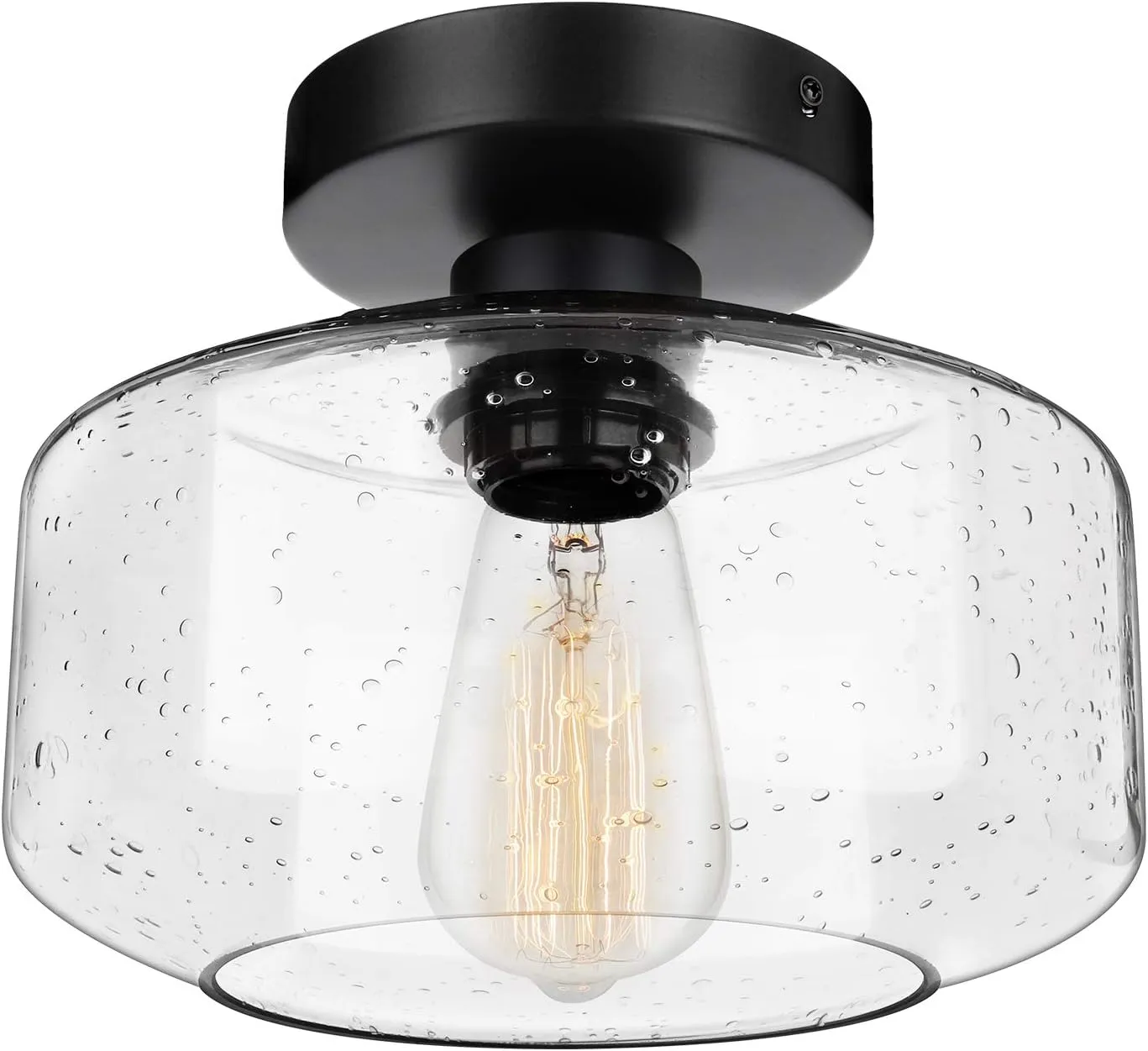 SunRider Industrial Semi-Flush Mount Ceiling Light Fixture, Modern Seeded Glass Pendant Lamp, Black Farmhouse Hanging Lighting for Bedroom Hallway