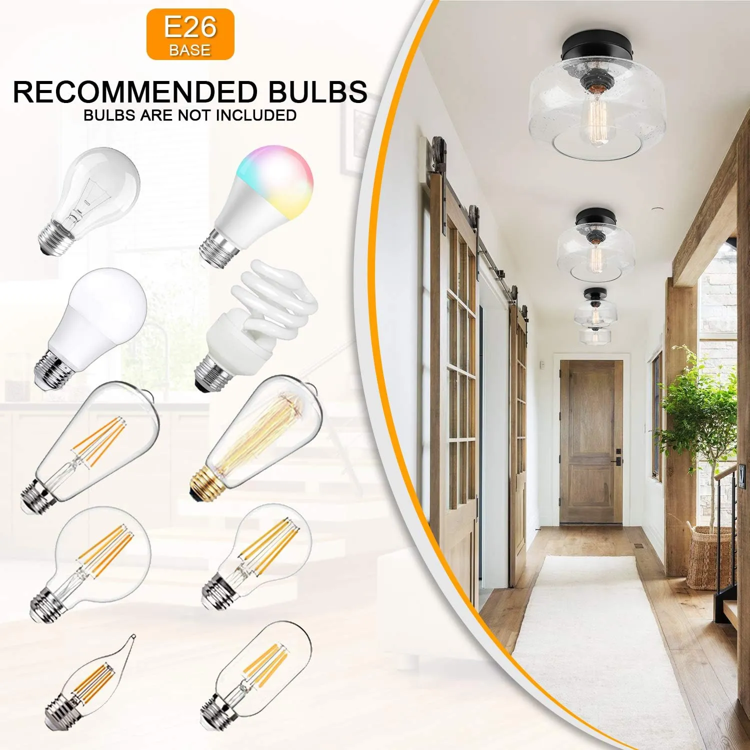 SunRider Industrial Semi-Flush Mount Ceiling Light Fixture, Modern Seeded Glass Pendant Lamp, Black Farmhouse Hanging Lighting for Bedroom Hallway