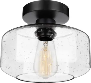 SunRider Industrial Semi-Flush Mount Ceiling Light Fixture, Modern Seeded Glass Pendant Lamp, Black Farmhouse Hanging Lighting for Bedroom Hallway