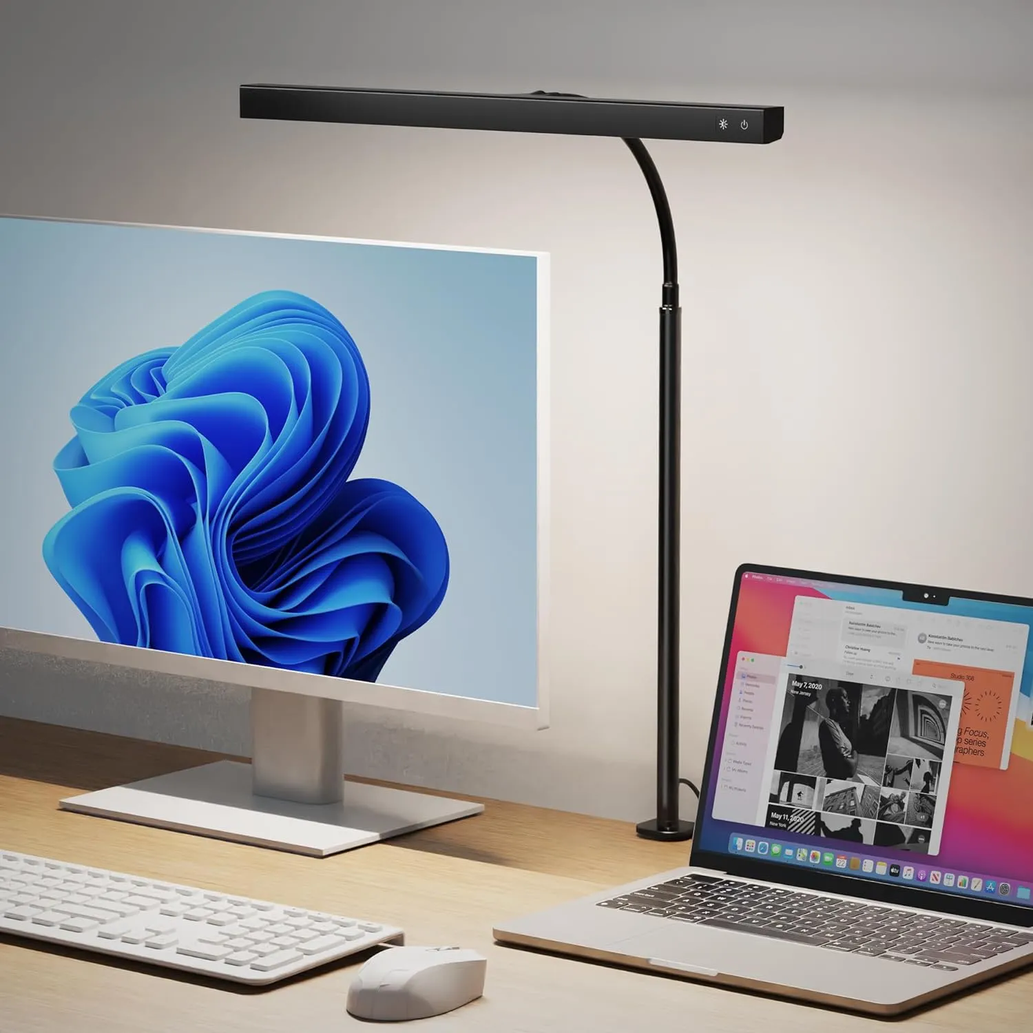 SUPERDANNY LED Desk Lamp for Office Home, Eye-Caring Desk Light with Adjustable Gooseneck, 12W Touch Control Dimmable Brightness, Architect Clamp Lamp with USB Adapter for Reading Study Workbench