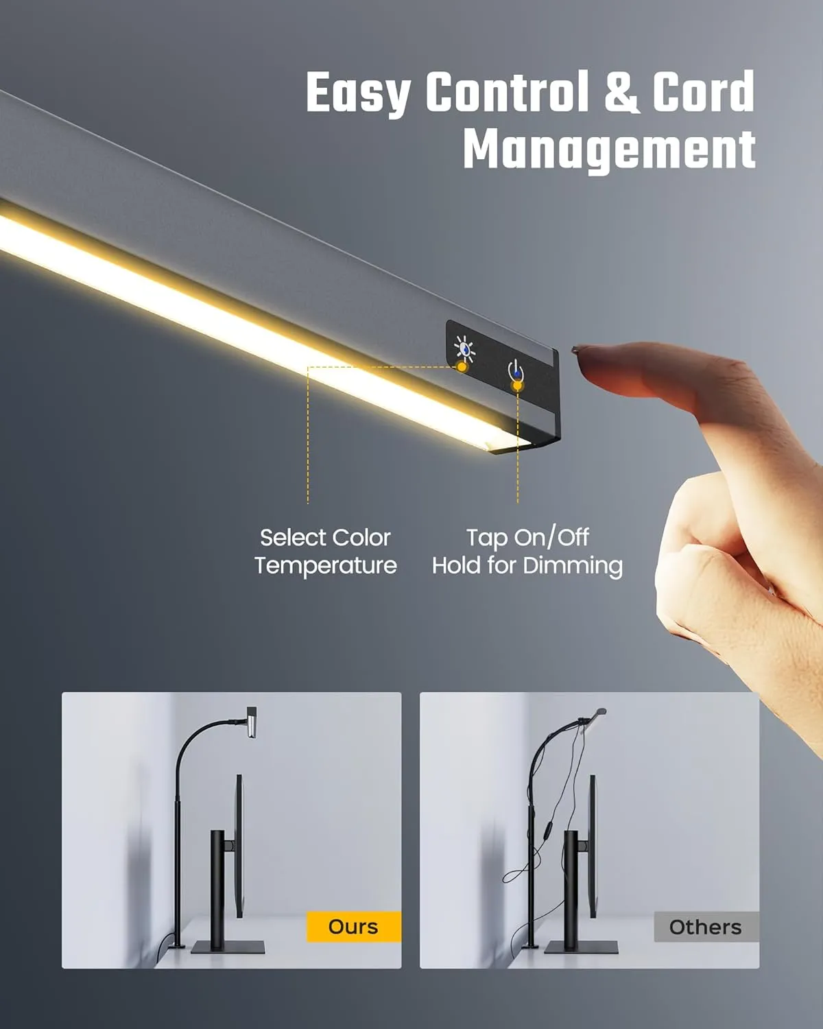 SUPERDANNY LED Desk Lamp for Office Home, Eye-Caring Desk Light with Adjustable Gooseneck, 12W Touch Control Dimmable Brightness, Architect Clamp Lamp with USB Adapter, Grey