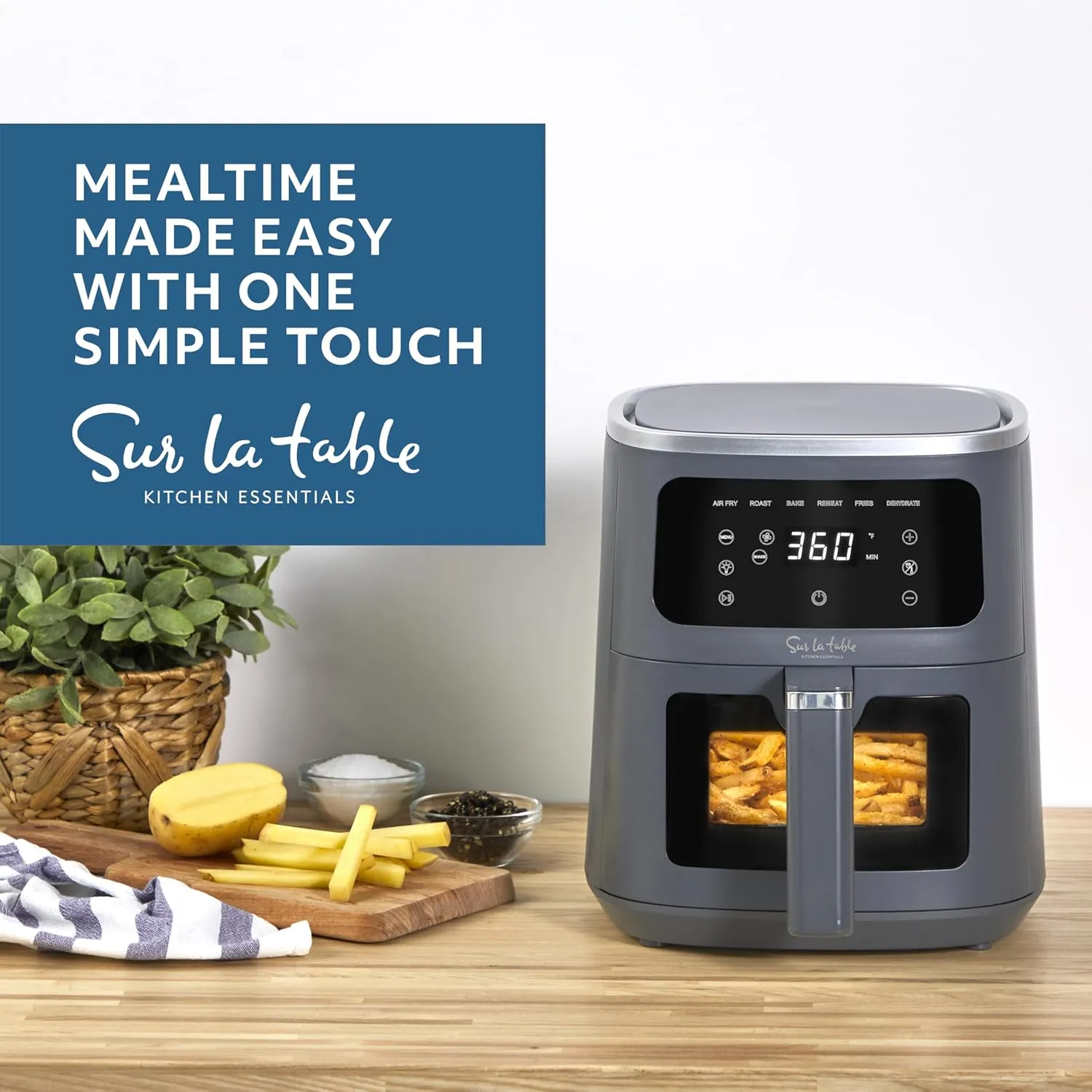 Sur La Table Compact 4.2 Quart Air Fryer with Viewing Window - Digital LED Touchscreen Display with 6-Presets Including Chicken, Fries, Fish, Meat, Veggies, 1300W
