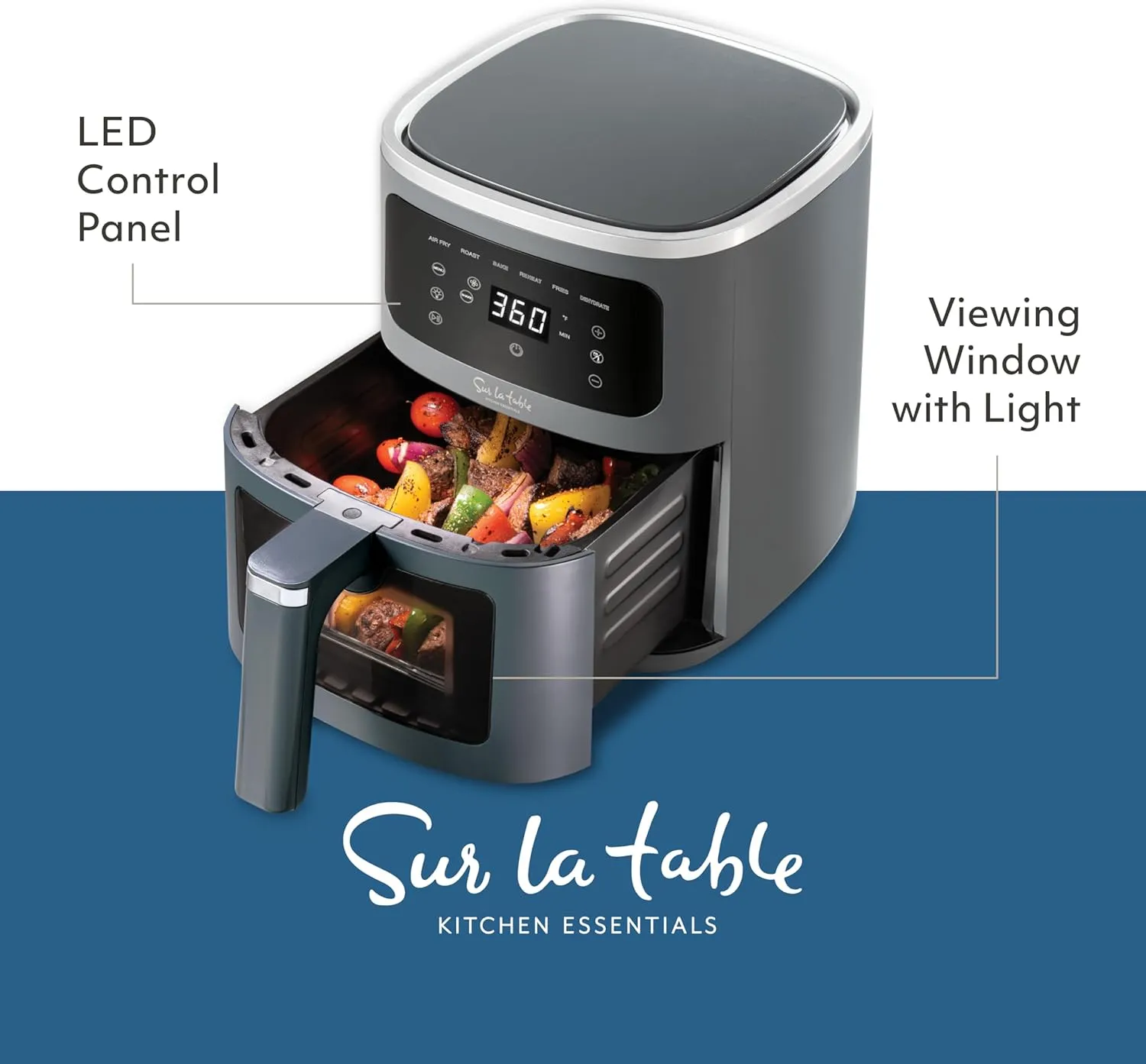 Sur La Table Compact 4.2 Quart Air Fryer with Viewing Window - Digital LED Touchscreen Display with 6-Presets Including Chicken, Fries, Fish, Meat, Veggies, 1300W