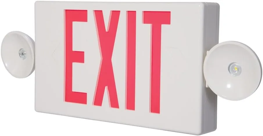 Sure-Lites LED Exit Sign with Emergency Lights, Two LED Light Heads, White with Red or Green Letters, Single or Double Sided, Battery Backup, 120-277V