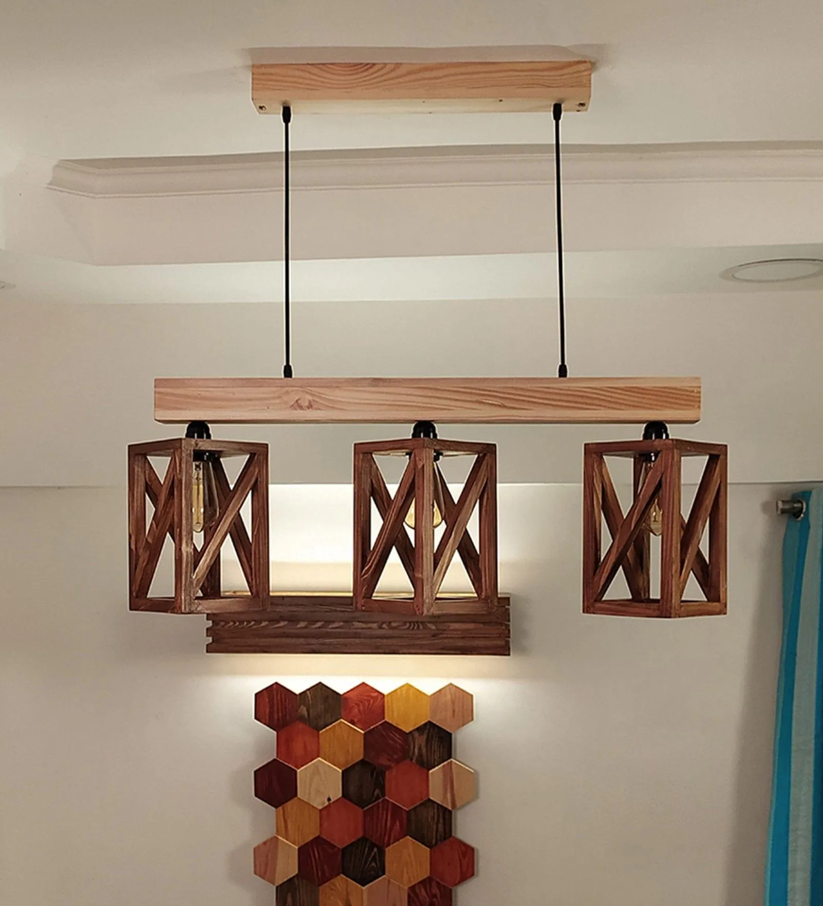 Symmetric Brown & Beige Wooden Series Hanging Lamp (BULB NOT INCLUDED)