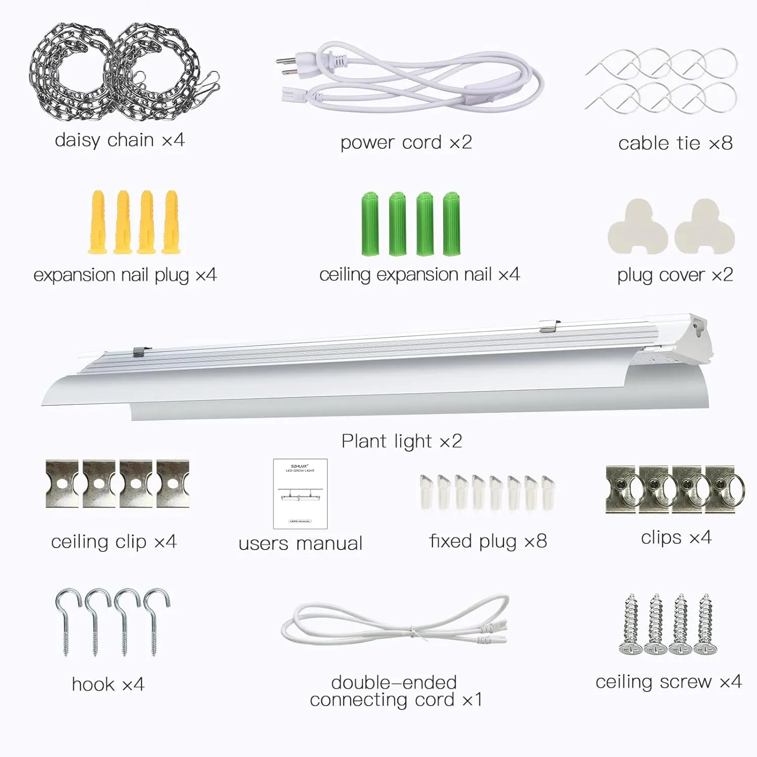 SZHLUX Grow Light 2FT 80W (2×40W) Full Spectrum LED Linkable Sunlight Plant Light for Indoor Plants, Grow Lamp Strip with On/Off Switch - 2 Pack