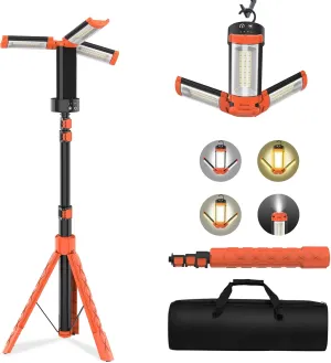 T-SUN Rechargeable 9000mAh Camping Light with Stand – Cordless Work Light with 3 LED Lamp Heads, Outdoor Portable LED Light with Dimmable 3000K/4000K/6500K, Detachable Tripod & Storage Bag