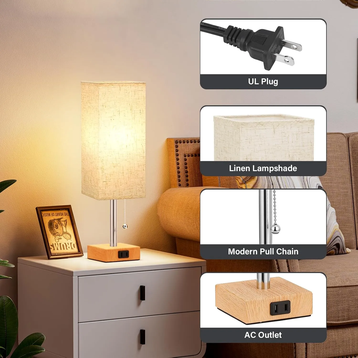 Table Lamp for Bedroom Set of 2 Nightstand - 3 Color Bedside Lamps with AC Outlets for Charging, Square Wooden Night Stand Light Lamp for Living Room, Office Desk