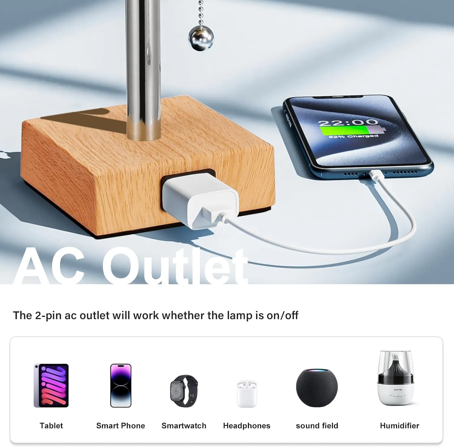 Table Lamp for Bedroom Set of 2 Nightstand - 3 Color Bedside Lamps with AC Outlets for Charging, Square Wooden Night Stand Light Lamp for Living Room, Office Desk