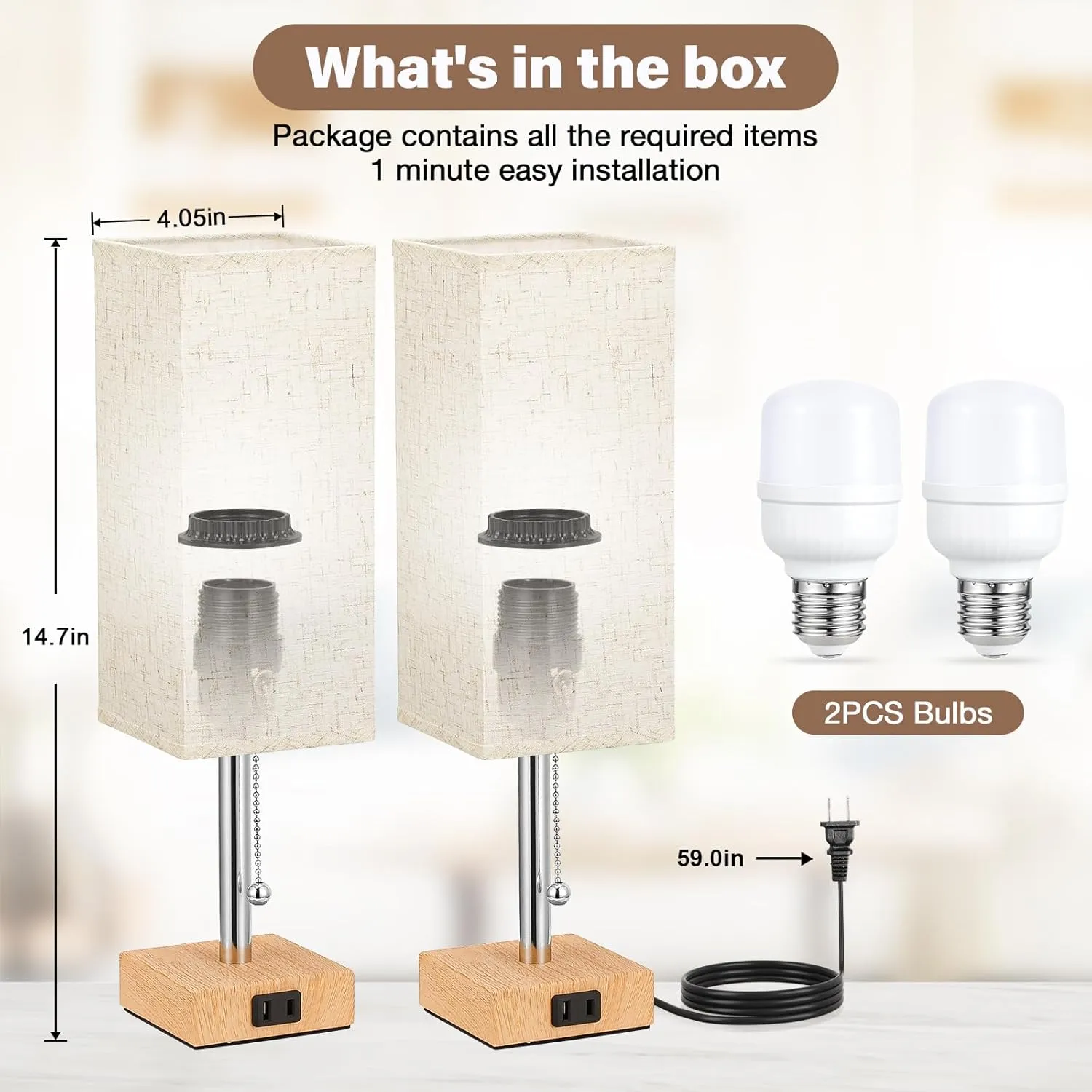 Table Lamp for Bedroom Set of 2 Nightstand - 3 Color Bedside Lamps with AC Outlets for Charging, Square Wooden Night Stand Light Lamp for Living Room, Office Desk