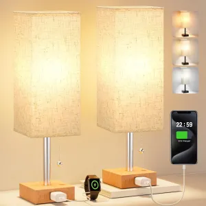 Table Lamp for Bedroom Set of 2 Nightstand - 3 Color Bedside Lamps with AC Outlets for Charging, Square Wooden Night Stand Light Lamp for Living Room, Office Desk