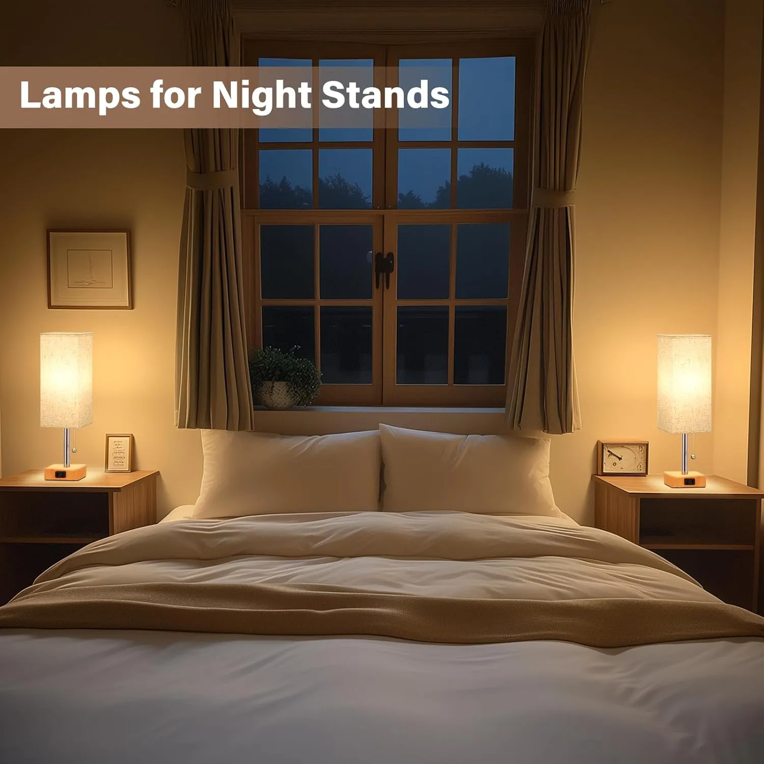 Table Lamp for Bedroom Set of 2 Nightstand - 3 Color Bedside Lamps with AC Outlets for Charging, Wooden Square Night Stand Light Lamp for Living Room, Office Desk