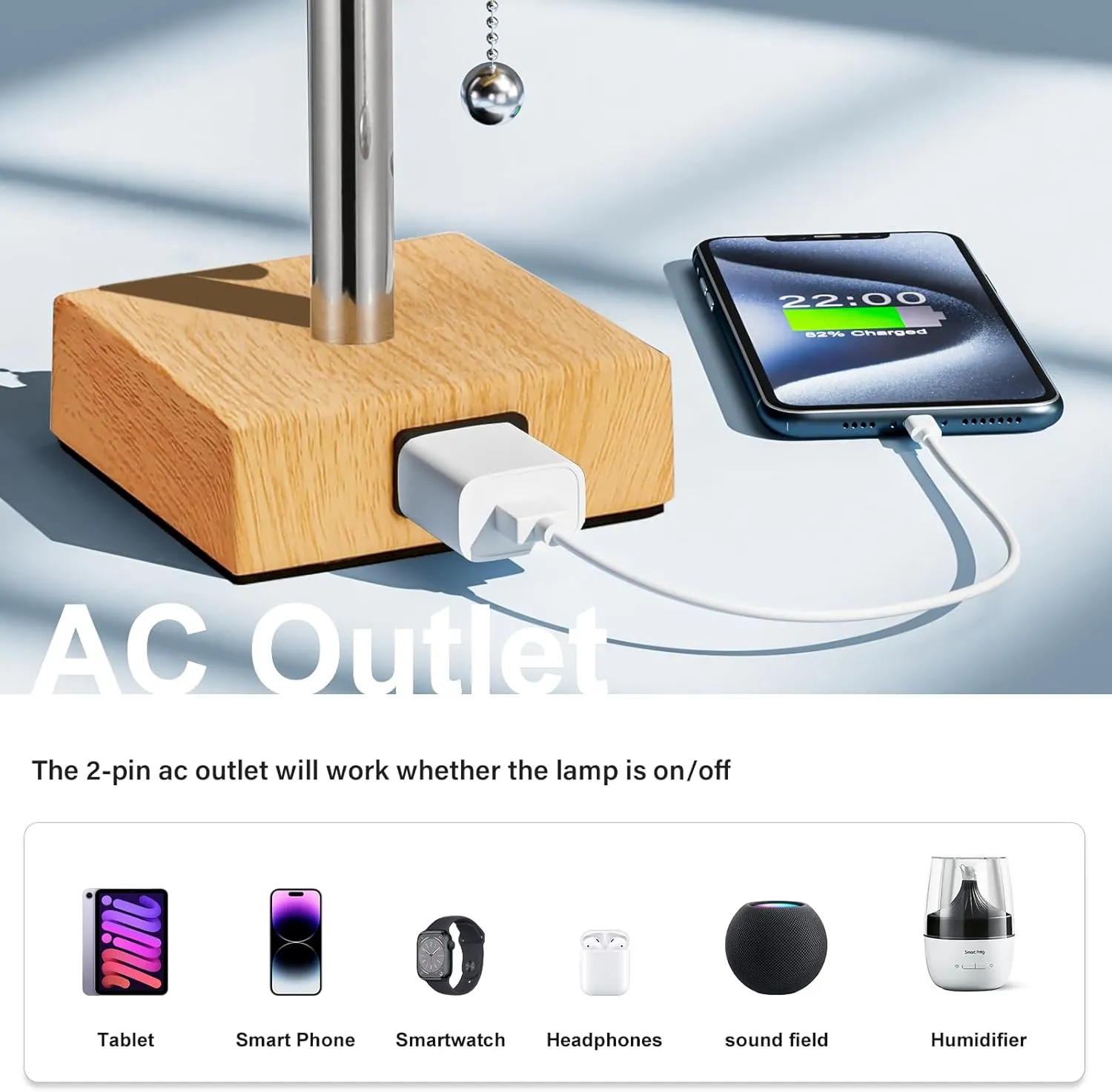 Table Lamp for Bedroom Set of 2 Nightstand - 3 Color Bedside Lamps with AC Outlets for Charging, Wooden Square Night Stand Light Lamp for Living Room, Office Desk
