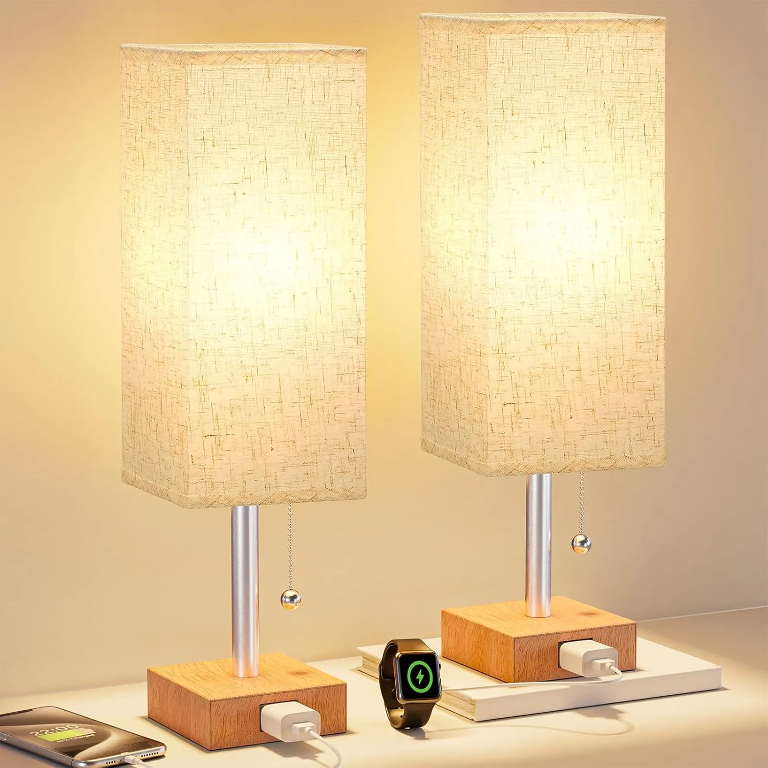 Table Lamp for Bedroom Set of 2 Nightstand - 3 Color Bedside Lamps with AC Outlets for Charging, Wooden Square Night Stand Light Lamp for Living Room, Office Desk