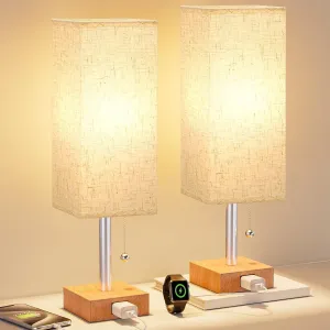 Table Lamp for Bedroom Set of 2 Nightstand - 3 Color Bedside Lamps with AC Outlets for Charging, Wooden Square Night Stand Light Lamp for Living Room, Office Desk