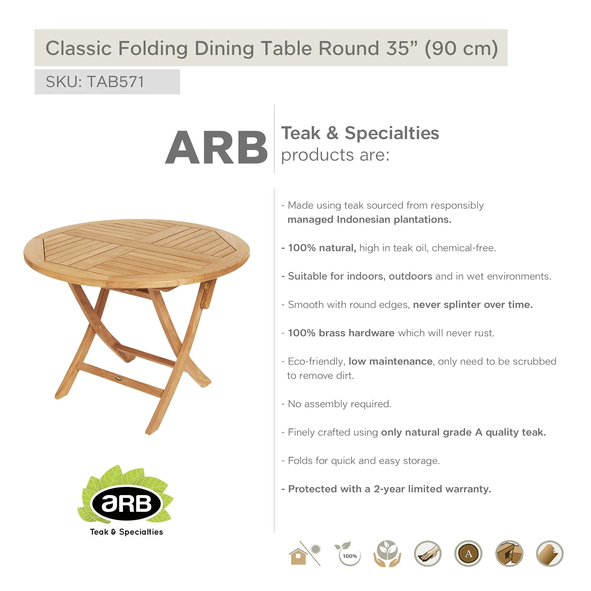 Teak Folding Classic Dining Table - Round 36" (90 cm)