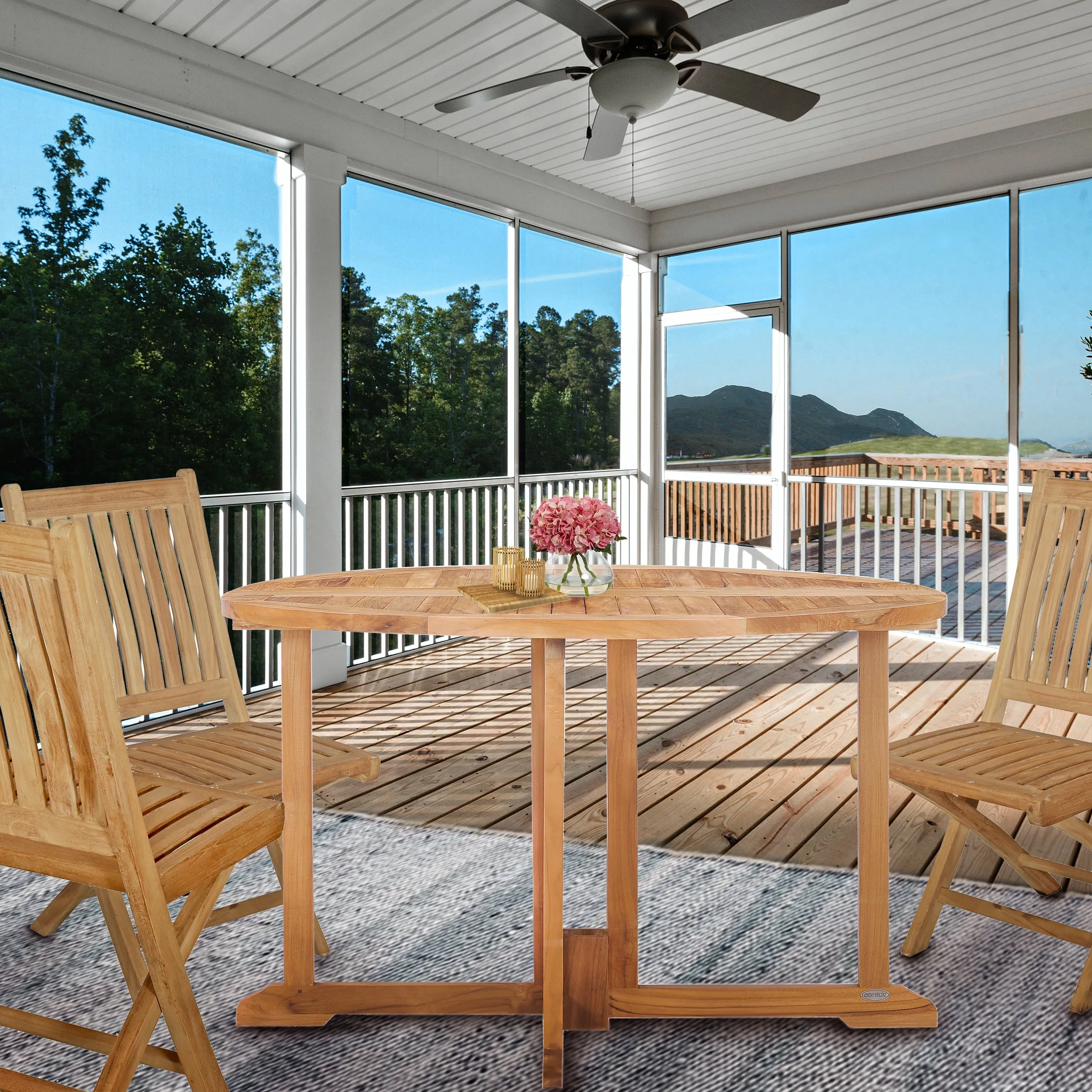 Teak Wood Butterfly Round Outdoor Patio Folding Table, 47 Inch