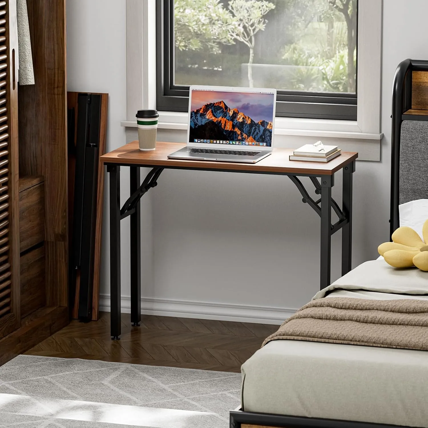 TEMI Small Computer Desk Folding Table - 35.8" Foldable Office Desk, No Assembly, Perfect for Small Spaces in Bedroom, Dorm, or Apartment, Portable Mini Desk or Study Table with Compact Design, Walnut
