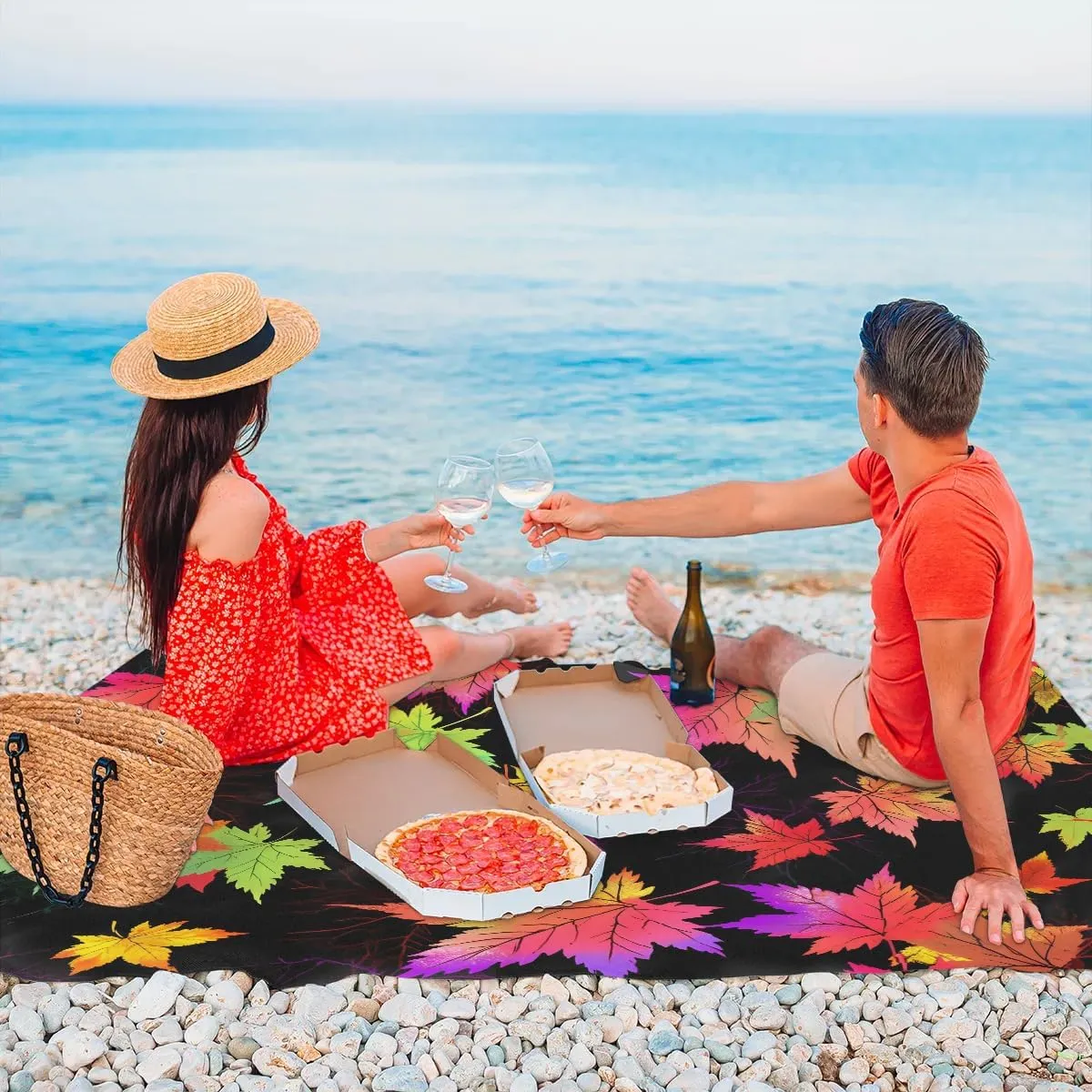 Thanksgiving Beach Blanket, Sandproof Beach Mat, 68 x 59 Waterproof Quick Drying Sand Free Mat with 4 x Ground Spikes for Outdoor Travel Camping Hiking, Maple Leaves Autumn