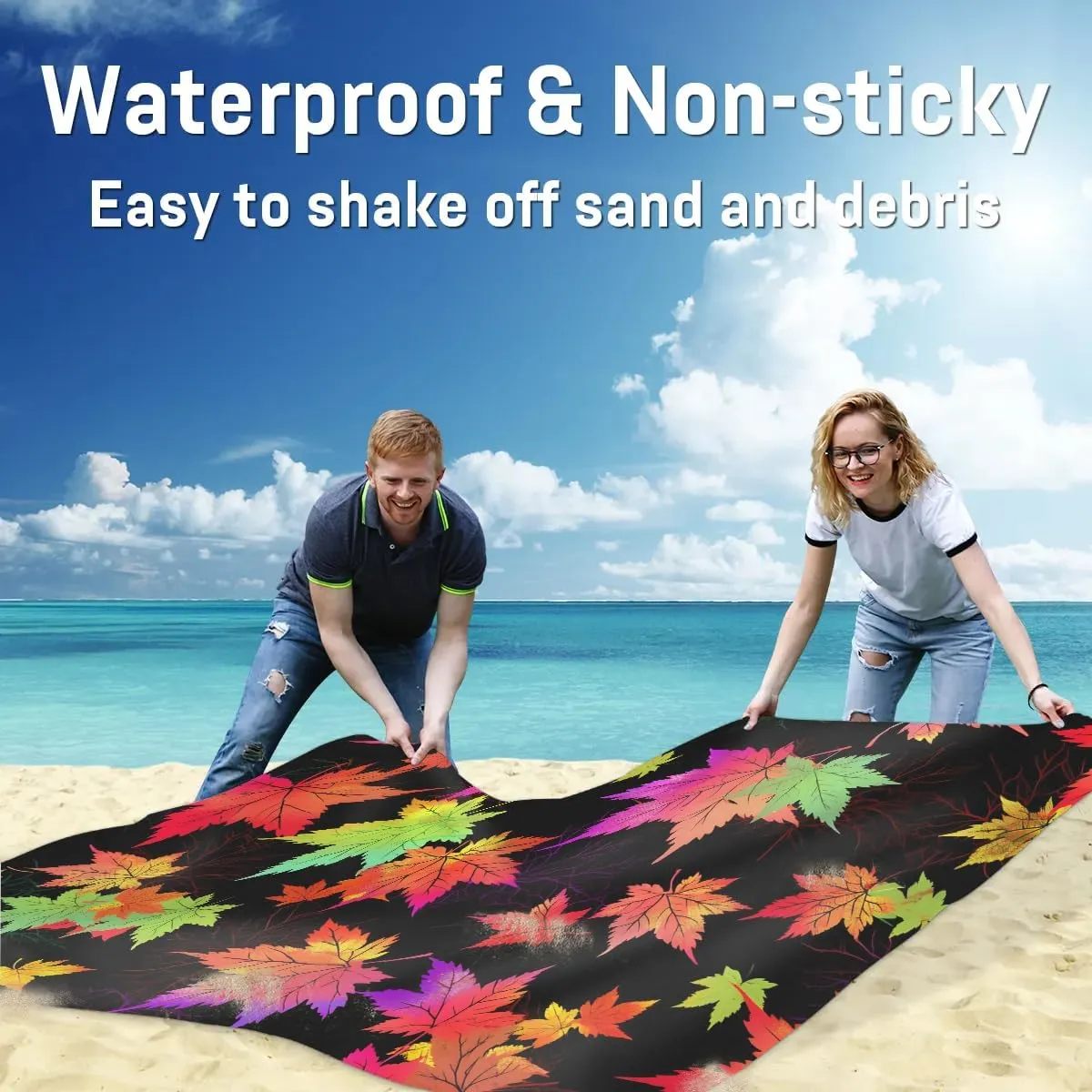 Thanksgiving Beach Blanket, Sandproof Beach Mat, 68 x 59 Waterproof Quick Drying Sand Free Mat with 4 x Ground Spikes for Outdoor Travel Camping Hiking, Maple Leaves Autumn