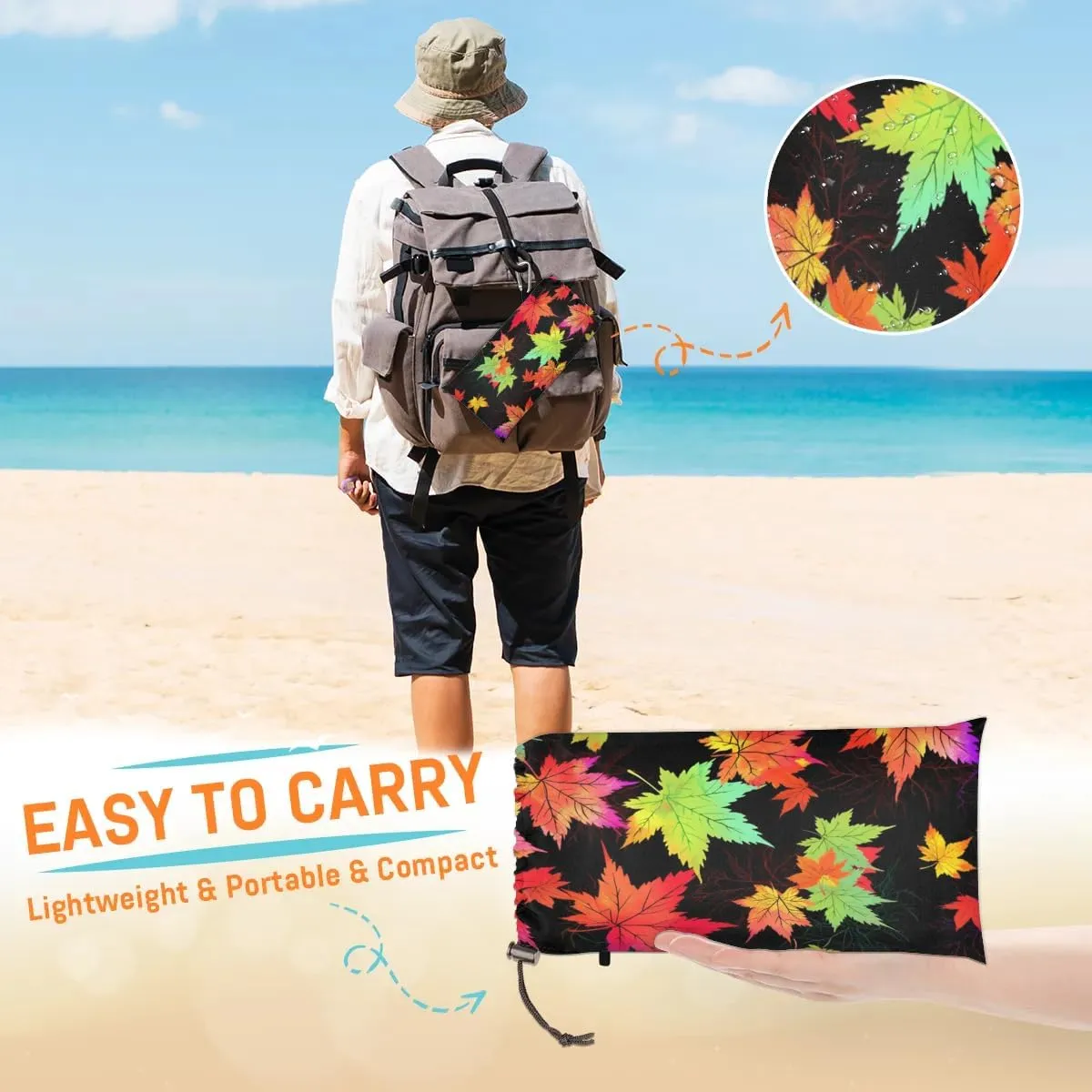 Thanksgiving Beach Blanket, Sandproof Beach Mat, 68 x 59 Waterproof Quick Drying Sand Free Mat with 4 x Ground Spikes for Outdoor Travel Camping Hiking, Maple Leaves Autumn