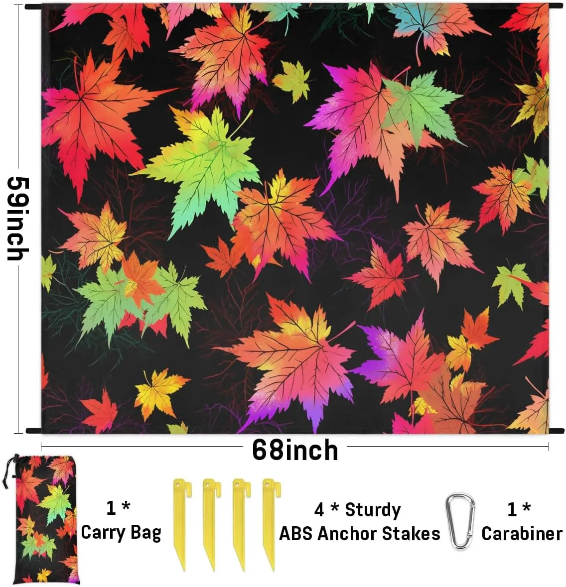 Thanksgiving Beach Blanket, Sandproof Beach Mat, 68 x 59 Waterproof Quick Drying Sand Free Mat with 4 x Ground Spikes for Outdoor Travel Camping Hiking, Maple Leaves Autumn