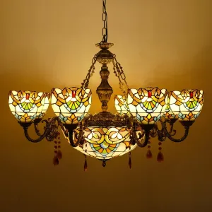 Tiffany Chandelier 11 Lights Cream Brown Stained Glass Pendant Light Chain Adjustable Victorian Hang Lighting Fixtures for Living Room Dining Room Bedroom Hotel,35 inch