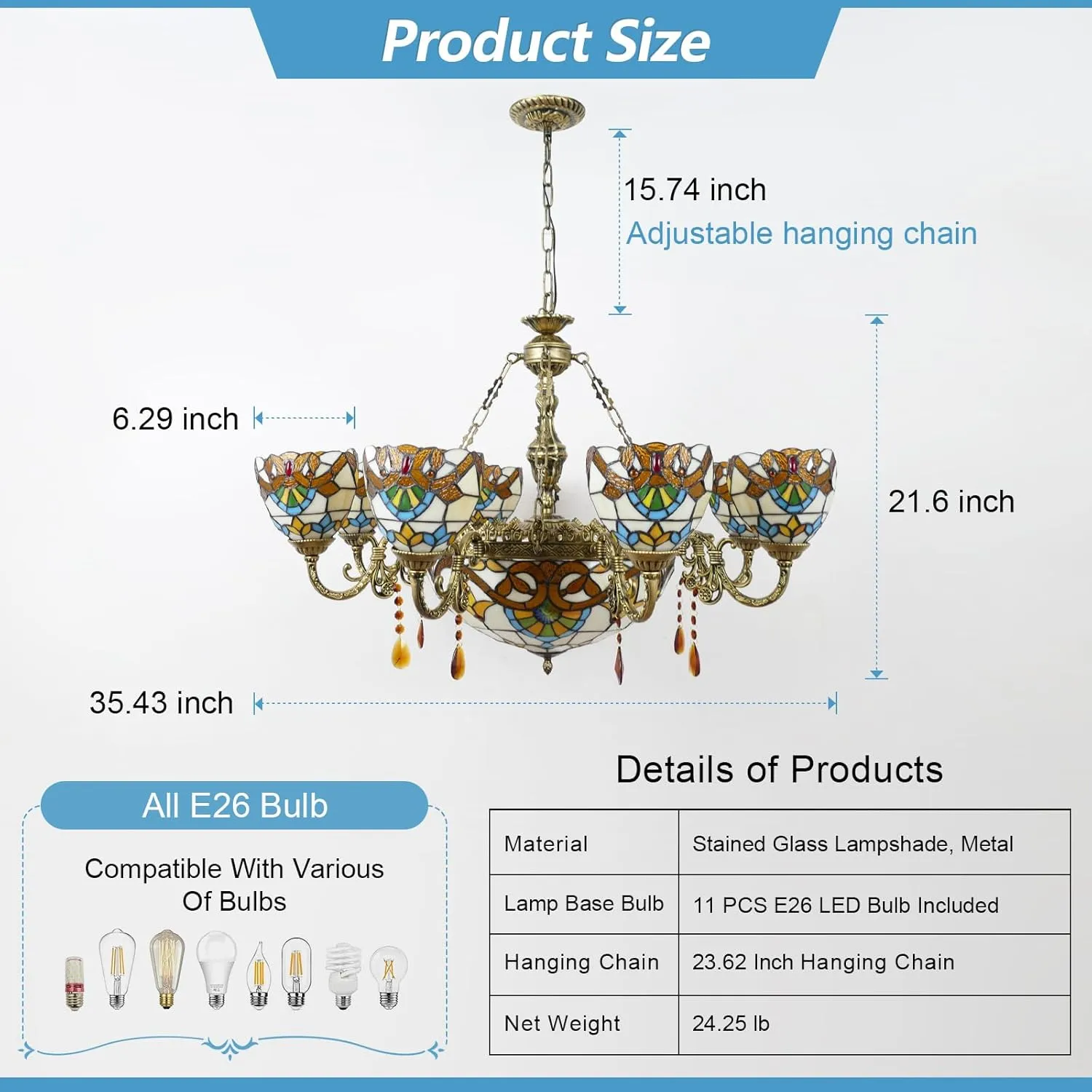 Tiffany Chandelier 11 Lights Cream Brown Stained Glass Pendant Light Chain Adjustable Victorian Hang Lighting Fixtures for Living Room Dining Room Bedroom Hotel,35 inch