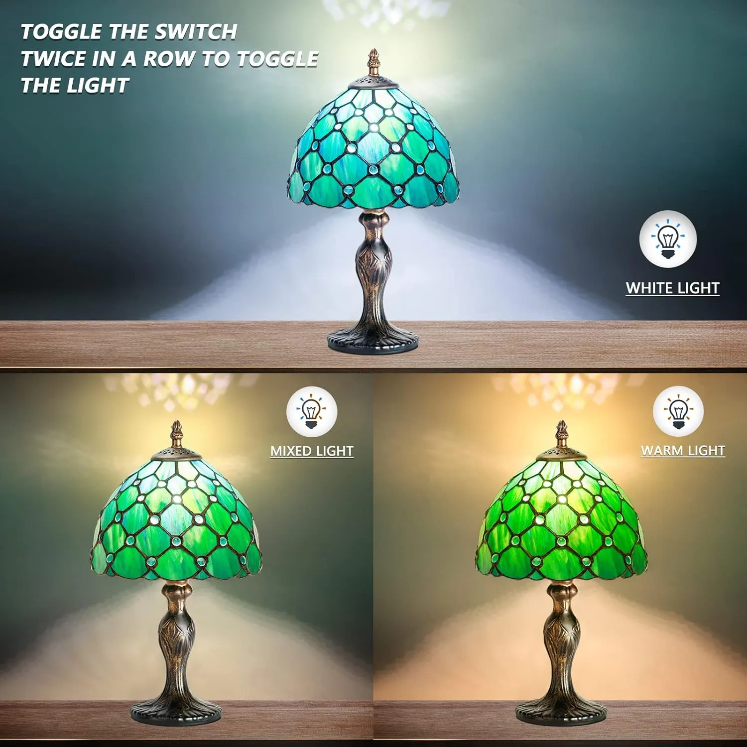 Tiffany Table Lamp Stained Glass Crystal Bead Style Table Light, Handmade Desk Bedside Table Night Lamp, Antique Art Craft Gifts Lover Kid Living Room Bedroom Study Bookcase Desk Ligh(Green Pearl)
