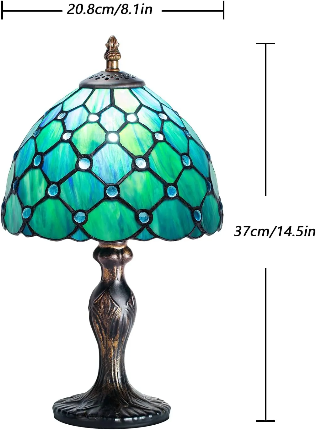 Tiffany Table Lamp Stained Glass Crystal Bead Style Table Light, Handmade Desk Bedside Table Night Lamp, Antique Art Craft Gifts Lover Kid Living Room Bedroom Study Bookcase Desk Ligh(Green Pearl)