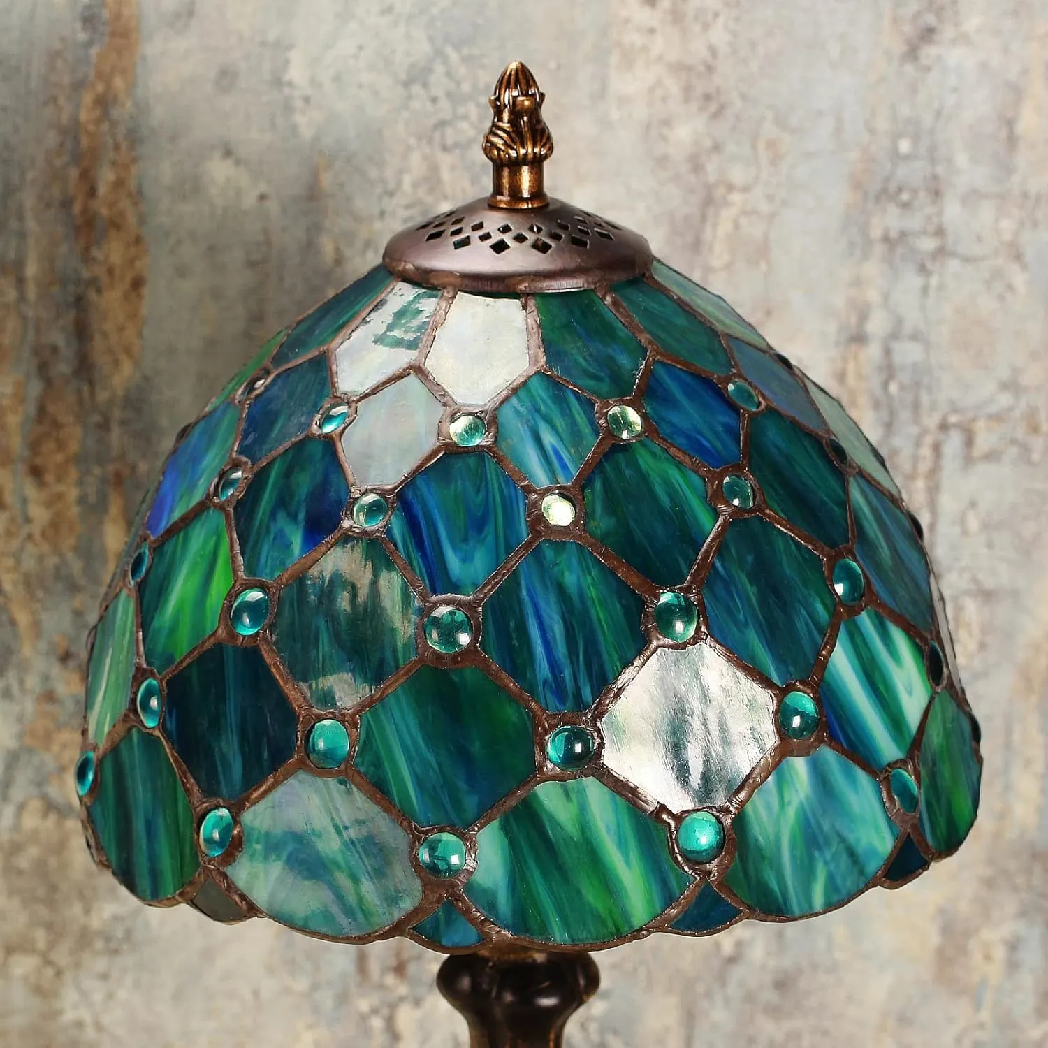Tiffany Table Lamp Stained Glass Crystal Bead Style Table Light, Handmade Desk Bedside Table Night Lamp, Antique Art Craft Gifts Lover Kid Living Room Bedroom Study Bookcase Desk Ligh(Green Pearl)