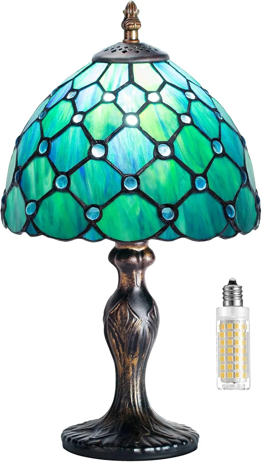 Tiffany Table Lamp Stained Glass Crystal Bead Style Table Light, Handmade Desk Bedside Table Night Lamp, Antique Art Craft Gifts Lover Kid Living Room Bedroom Study Bookcase Desk Ligh(Green Pearl)
