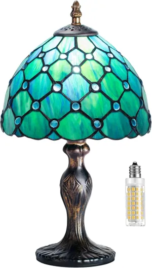 Tiffany Table Lamp Stained Glass Crystal Bead Style Table Light, Handmade Desk Bedside Table Night Lamp, Antique Art Craft Gifts Lover Kid Living Room Bedroom Study Bookcase Desk Ligh(Green Pearl)
