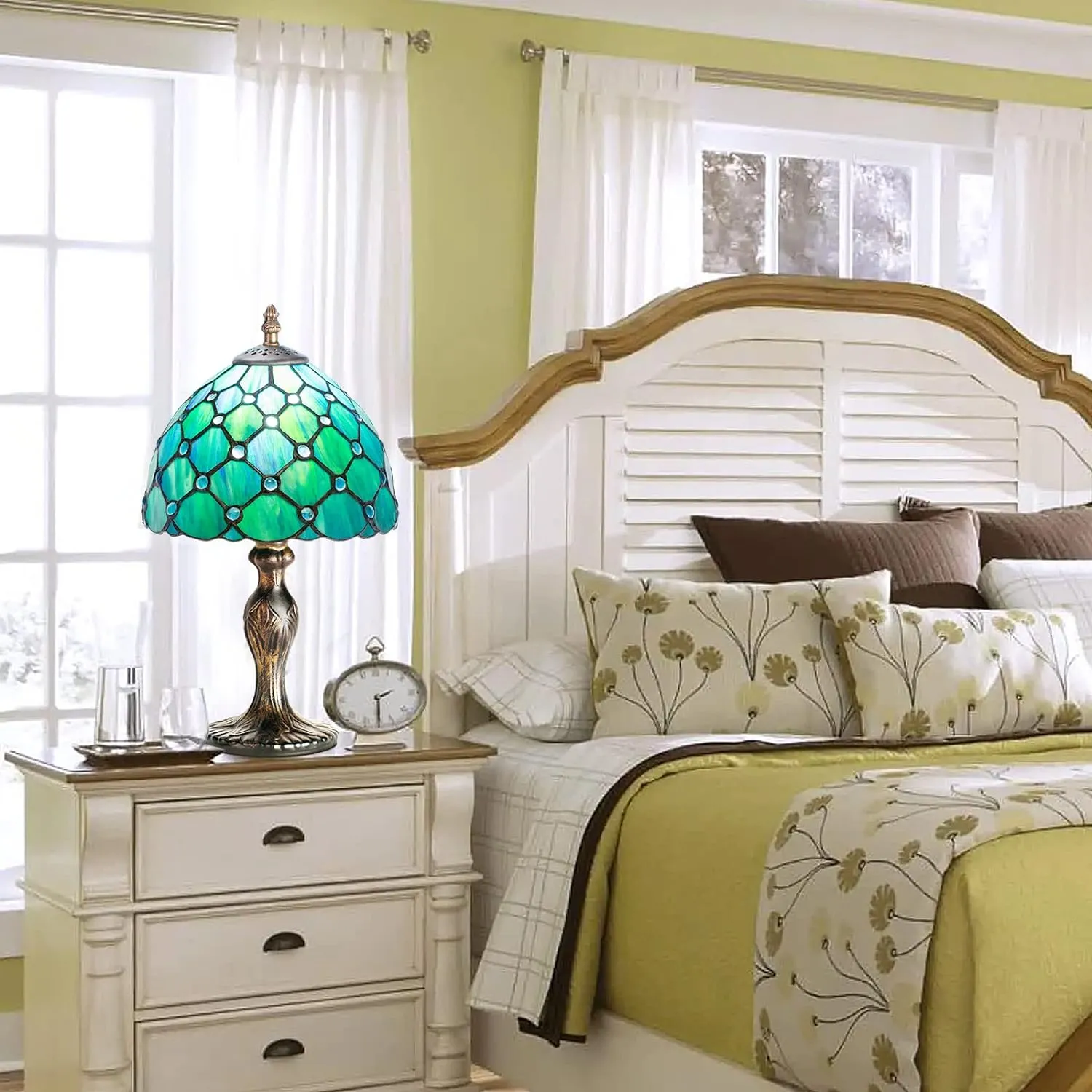 Tiffany Table Lamp Stained Glass Crystal Bead Style Table Light, Handmade Desk Bedside Table Night Lamp, Antique Art Craft Gifts Lover Kid Living Room Bedroom Study Bookcase Desk Ligh(Green Pearl)