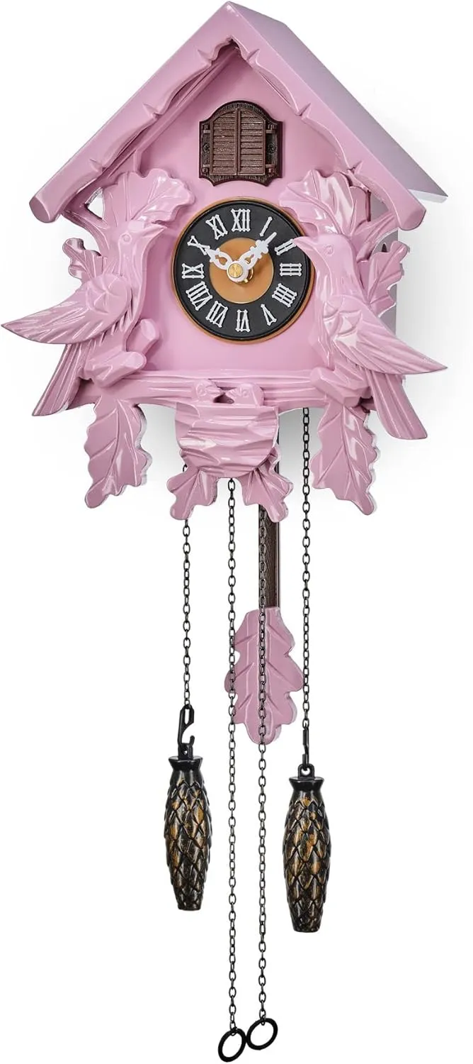 TIMEGEAR Cuckoo Clock with Night Mode, Singing Bird, Wooden Decorations and Swinging Pendulum (Pink)