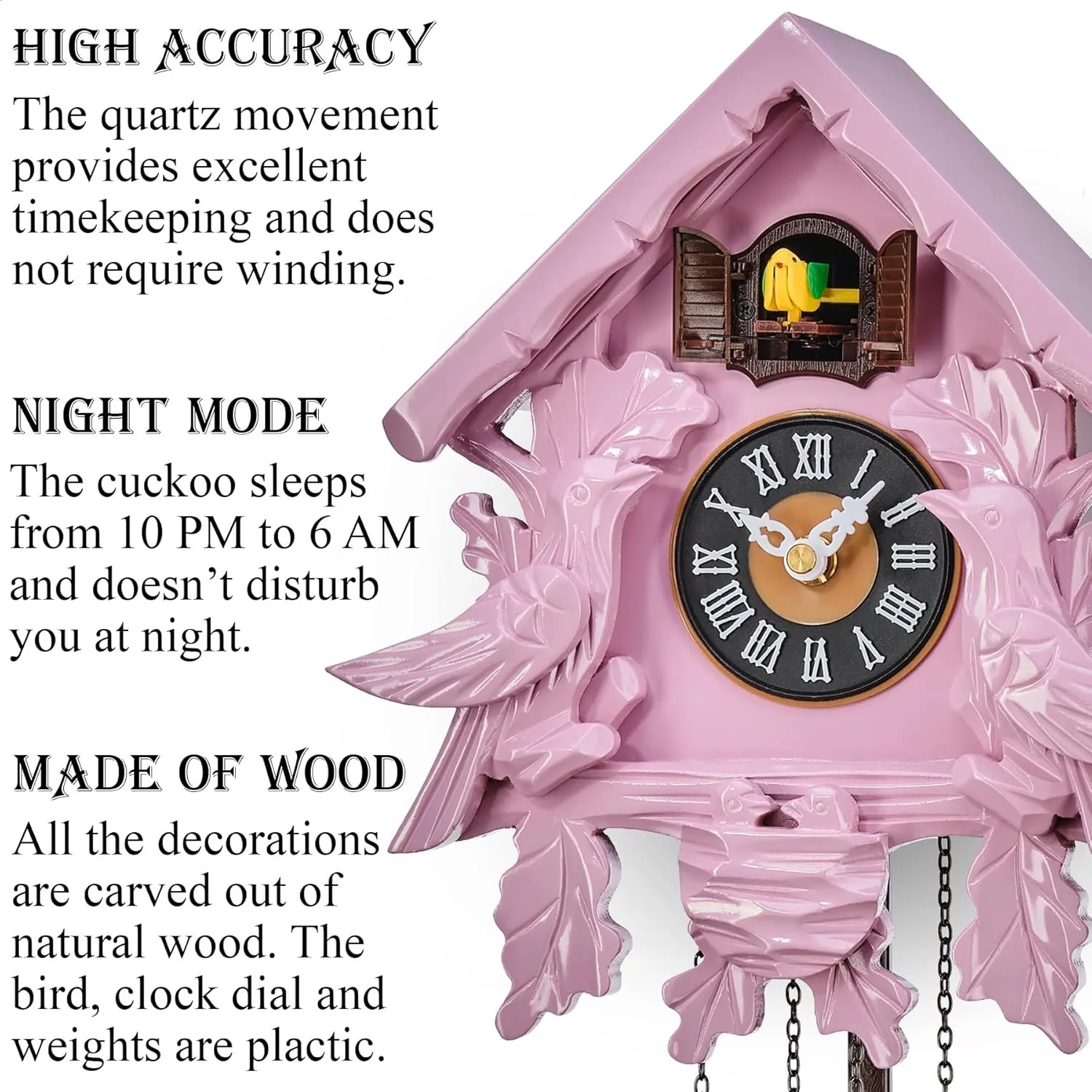 TIMEGEAR Cuckoo Clock with Night Mode, Singing Bird, Wooden Decorations and Swinging Pendulum (Pink)