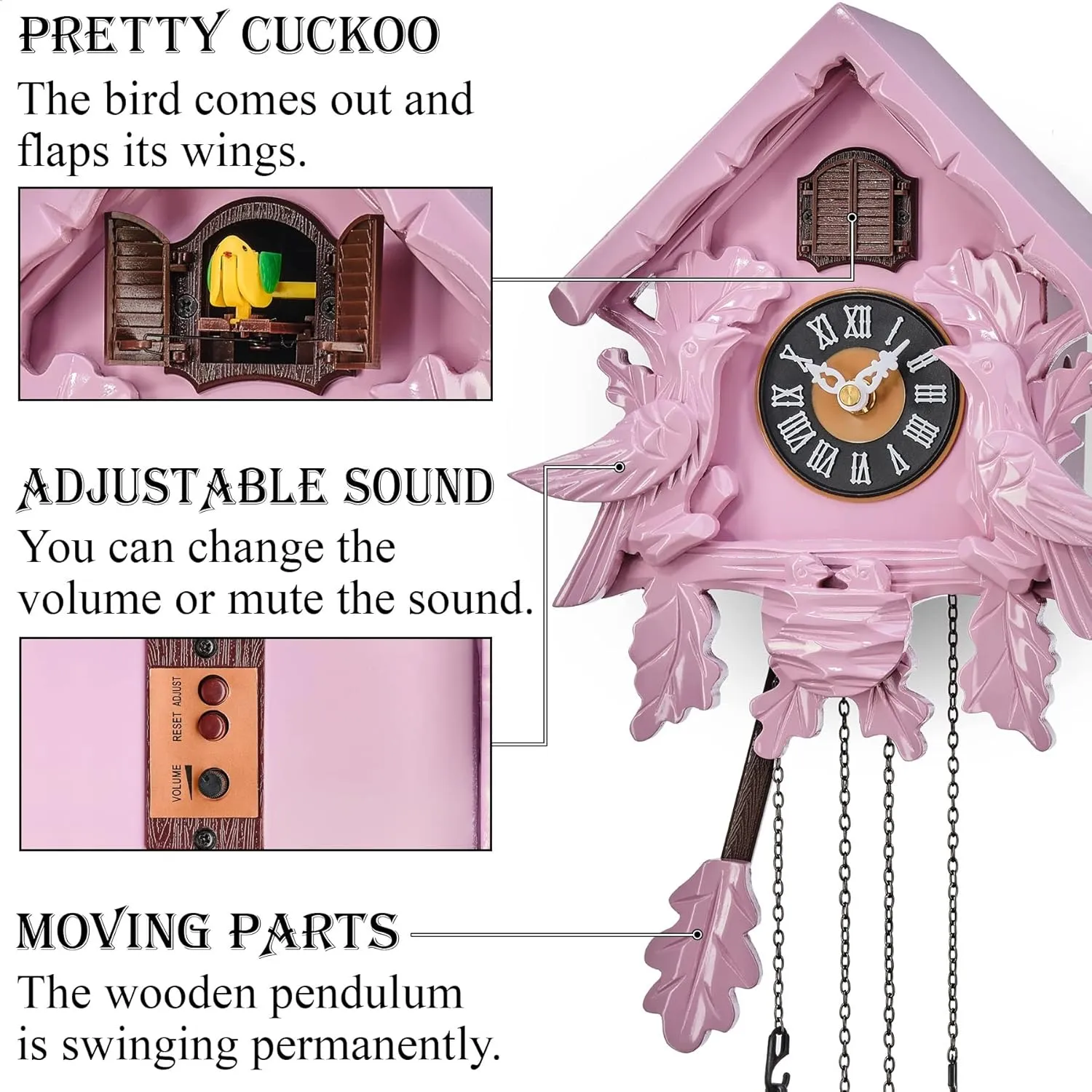 TIMEGEAR Cuckoo Clock with Night Mode, Singing Bird, Wooden Decorations and Swinging Pendulum (Pink)
