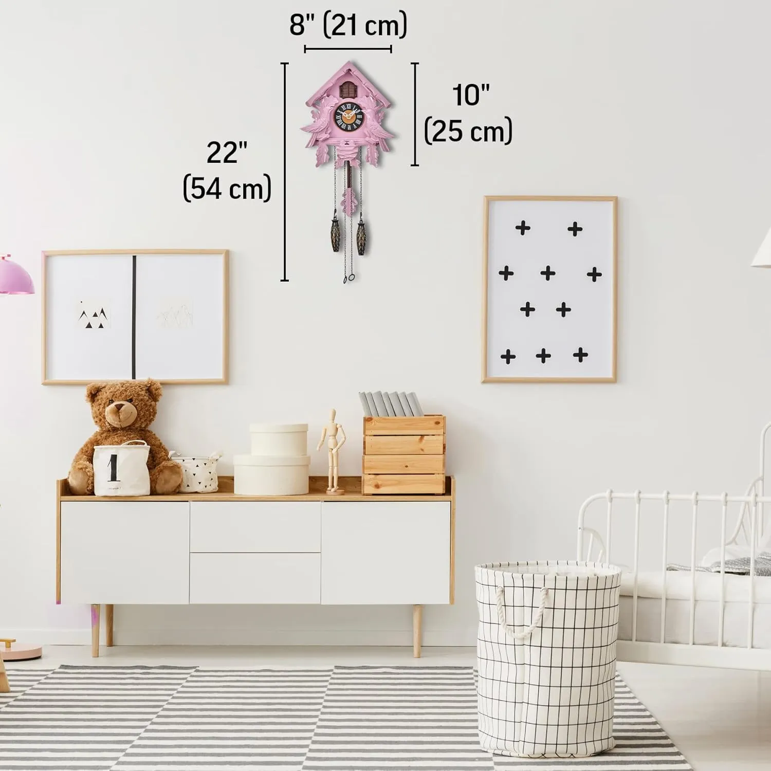 TIMEGEAR Cuckoo Clock with Night Mode, Singing Bird, Wooden Decorations and Swinging Pendulum (Pink)
