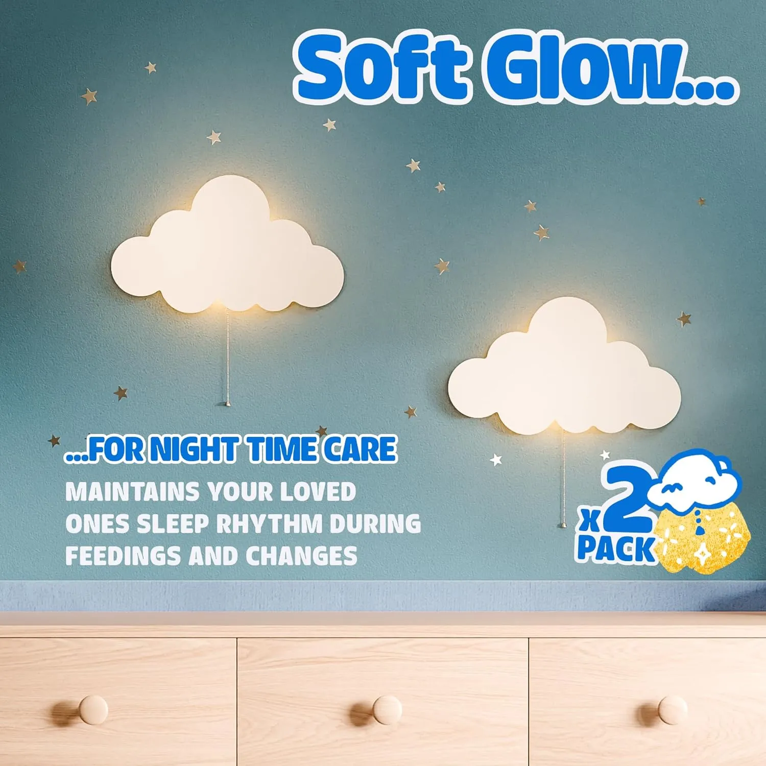 Tipperk 2 Pack - Floating Cloud Wall Lamp for Nursery & Kids Bedroom | Battery-Operated Hanging Night Lights