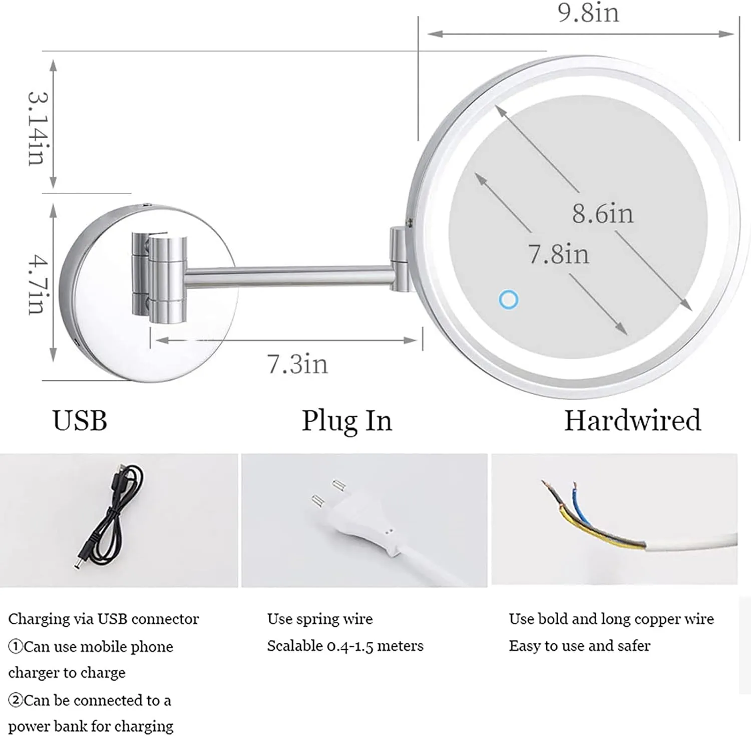 Touch Dimming Switch Makeup Mirror with Lights And 10X Magnification, LED Wall Mounted Vanity Mirror, Rotable Extendable Shaving Mirror,Rose gold,Plug In