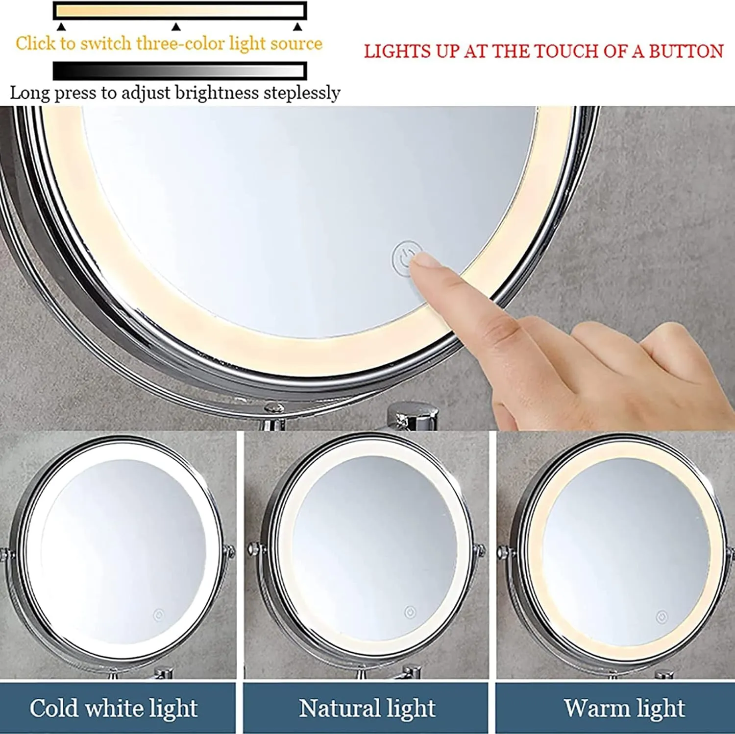 Touch Dimming Switch Makeup Mirror with Lights And 10X Magnification, LED Wall Mounted Vanity Mirror, Rotable Extendable Shaving Mirror,Rose gold,Plug In