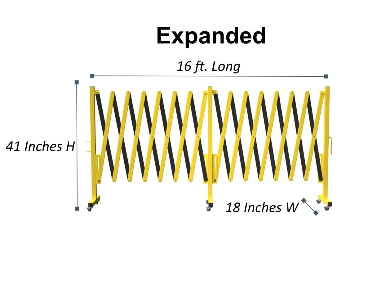 Trafford Industrial Expandable Metal Barricade, 16 Feet, Yellow and Black, Mobile Safety Barrier Gate, Retractable Traffic Fence