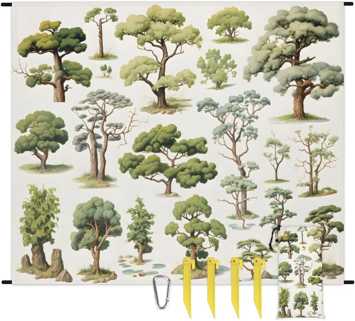 Tree Plants Beach Blanket, Sandproof Beach Mat, 68 x 59 Waterproof Quick Drying Sand Free Mat with 4 x Ground Spikes for Outdoor Travel Camping Hiking, Forest Tree