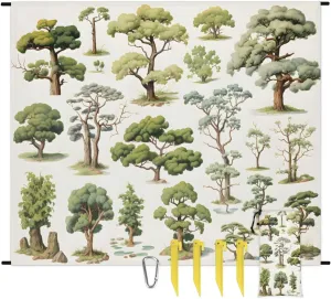 Tree Plants Beach Blanket, Sandproof Beach Mat, 68 x 59 Waterproof Quick Drying Sand Free Mat with 4 x Ground Spikes for Outdoor Travel Camping Hiking, Forest Tree