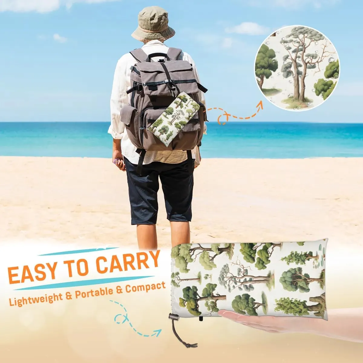 Tree Plants Beach Blanket, Sandproof Beach Mat, 68 x 59 Waterproof Quick Drying Sand Free Mat with 4 x Ground Spikes for Outdoor Travel Camping Hiking, Forest Tree
