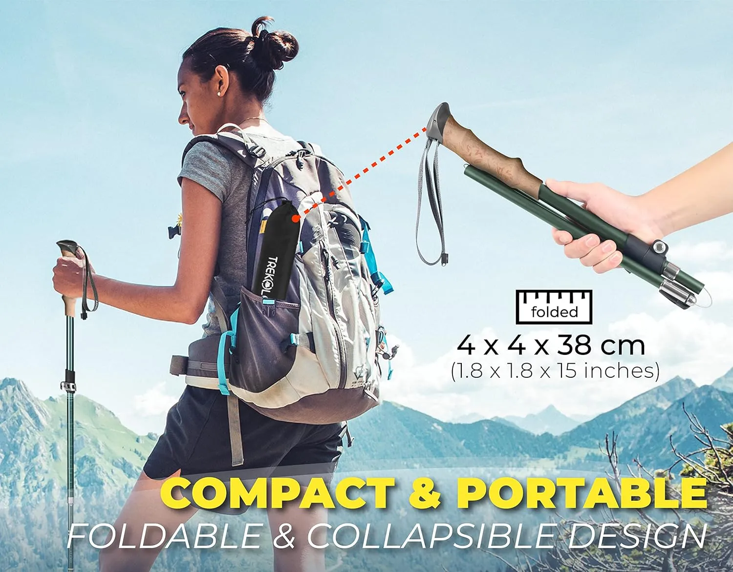 TREKOLOGY TREKZ SE 2pc Collapsible Hiking Stick - Lightweight, Foldable Retractable Trekking Poles for Men, Women & Seniors with Adjustable Heights - Nordic Walking Stick for Backpacking, Camping