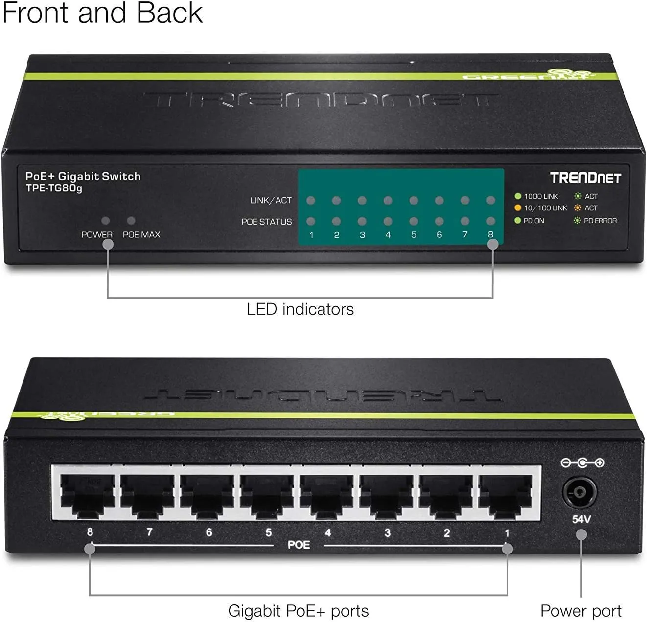 TRENDnet 8-Port Gigabit PoE  Switch, TPE-TG80G, 8 x Gigabit PoE  Ports, 123W PoE Power Budget, 16 Gbps, Ethernet Splitter, NDAA & TAA Compliant, Metal, Lifetime Protection, Black