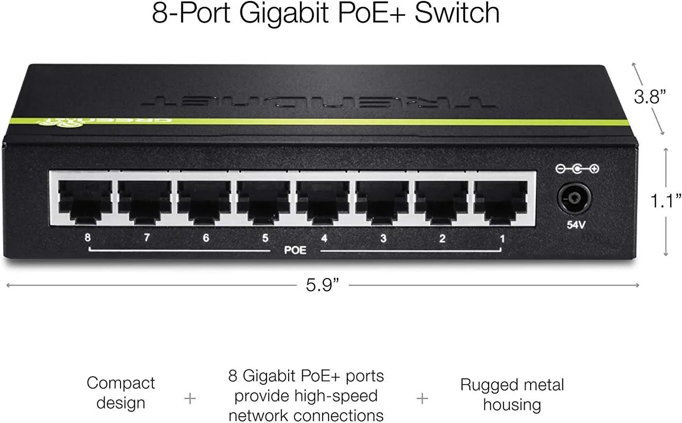 TRENDnet 8-Port Gigabit PoE  Switch, TPE-TG80G, 8 x Gigabit PoE  Ports, 123W PoE Power Budget, 16 Gbps, Ethernet Splitter, NDAA & TAA Compliant, Metal, Lifetime Protection, Black