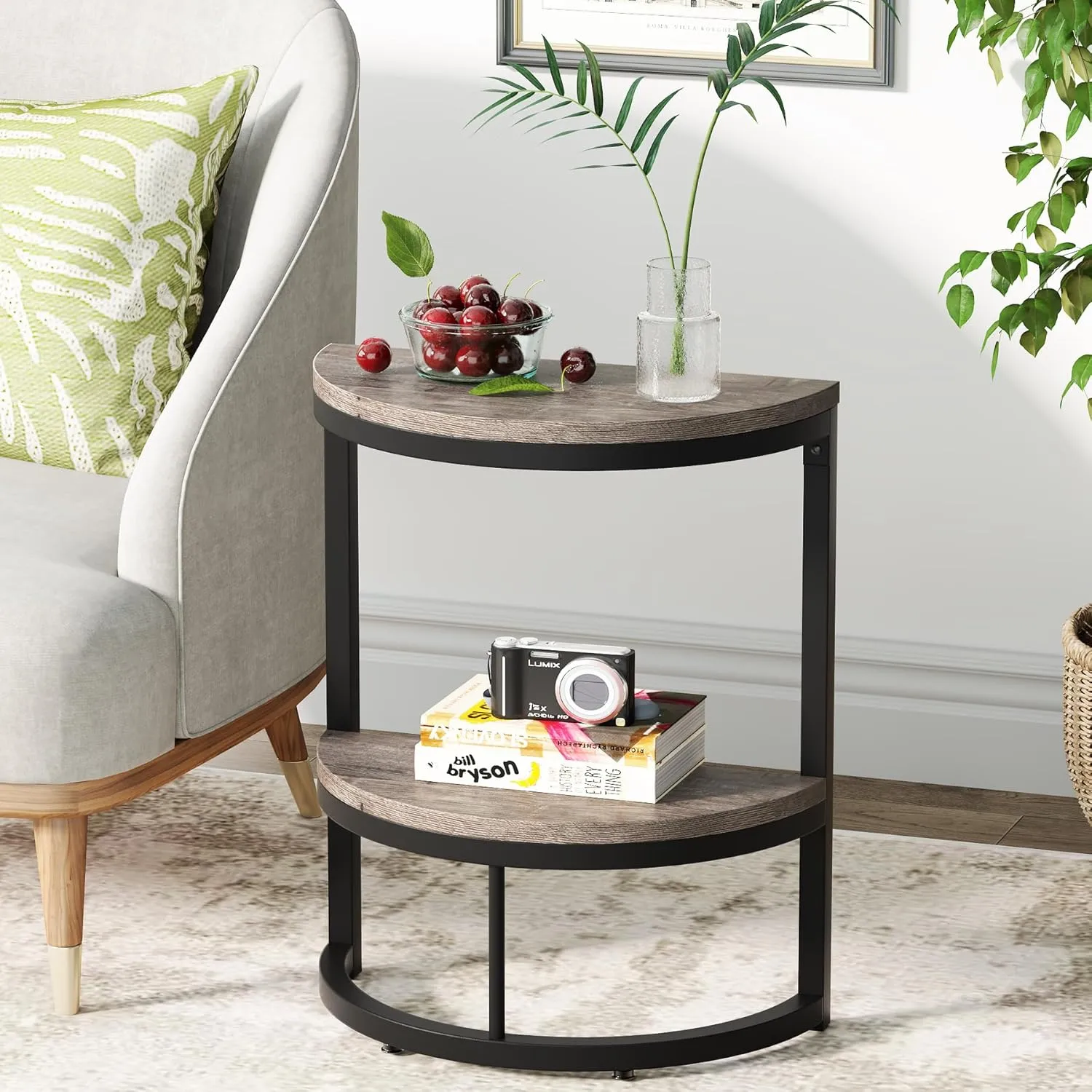 Tribesigns 2-Tier End Table Semi Circle, Small Half Round Side Table with Storage Shelf, Wood Accent Slim C Table for Sofa Couch, Living Room, Bedroom, Small Space, Easy Assembly, Rustic Grey