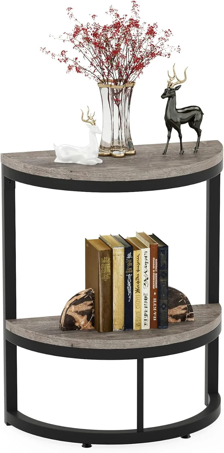 Tribesigns 2-Tier End Table Semi Circle, Small Half Round Side Table with Storage Shelf, Wood Accent Slim C Table for Sofa Couch, Living Room, Bedroom, Small Space, Easy Assembly, Rustic Grey